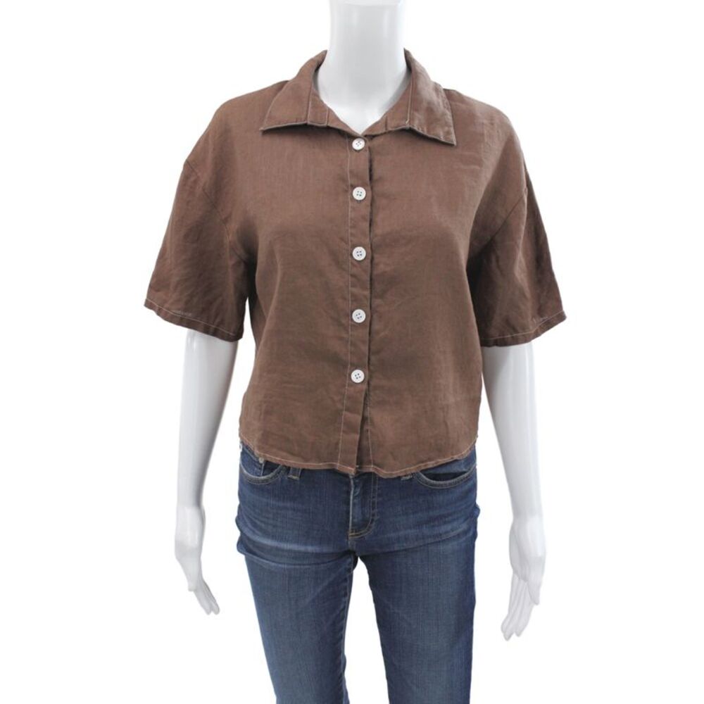 Muze Womens Cropped Linen Collared Button Up Blouse Brown Short Sleeve Size S
